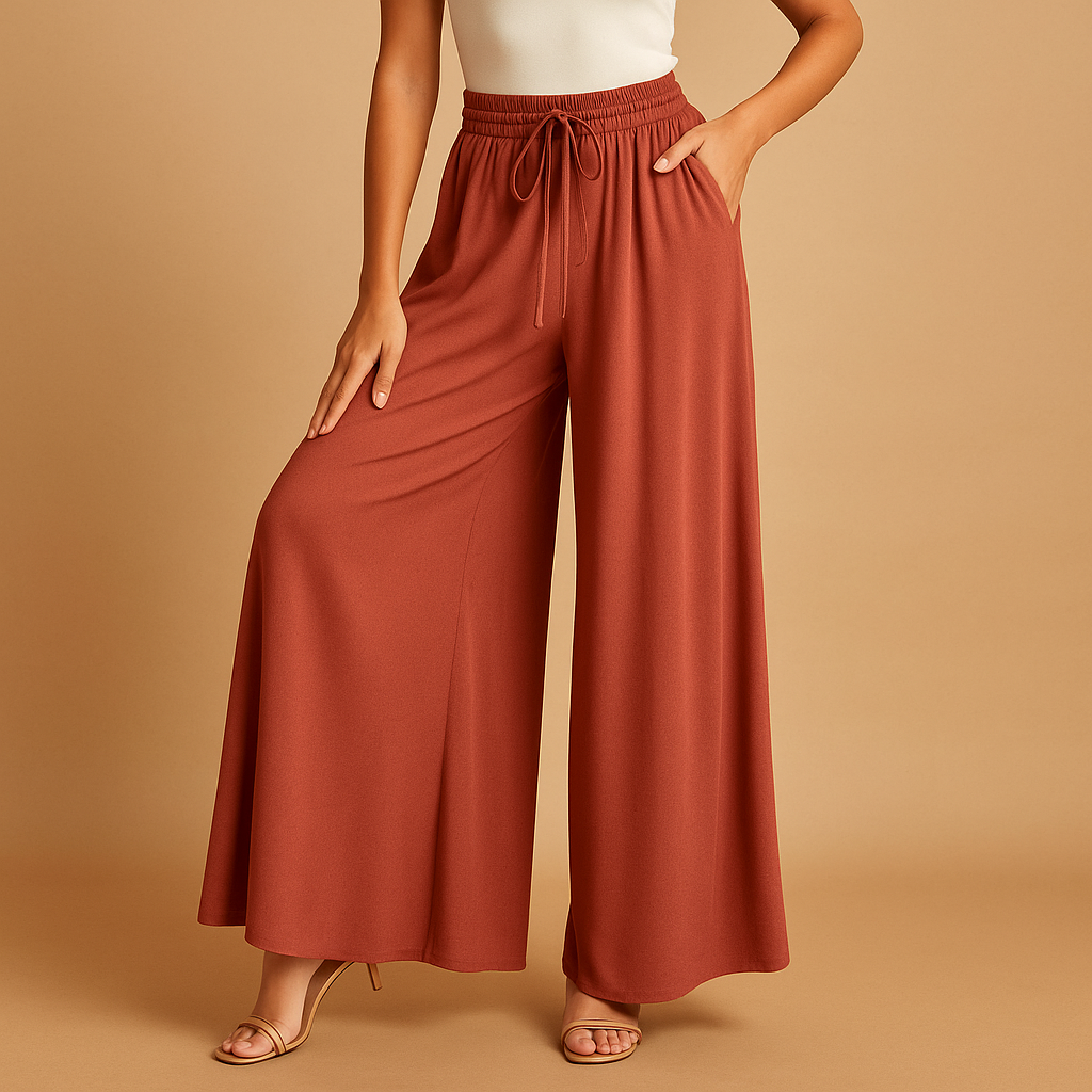 Women’s high waisted wide leg pants with elastic waistband, designed for a chic and flattering fit, perfect for work, casual outings, or elegant occasions.