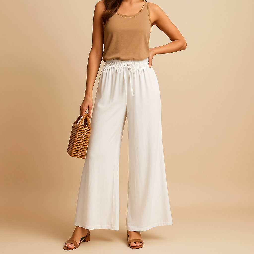Women’s high waisted wide leg pants with elastic waistband, designed for a chic and flattering fit, perfect for work, casual outings, or elegant occasions.