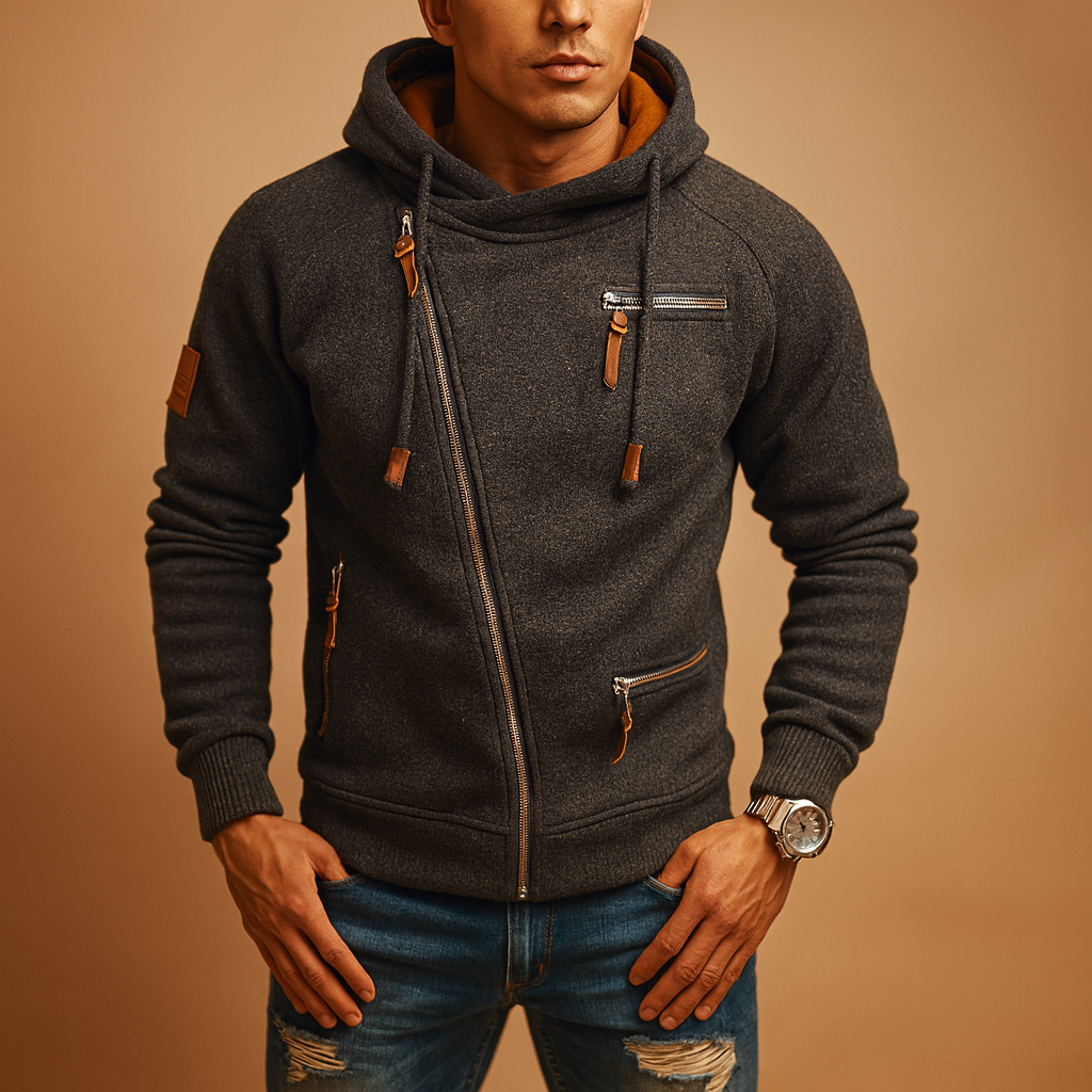 Men’s hooded cardigan with soft warm fabric and modern urban design, perfect for casual or semi-formal wear in autumn and winter.