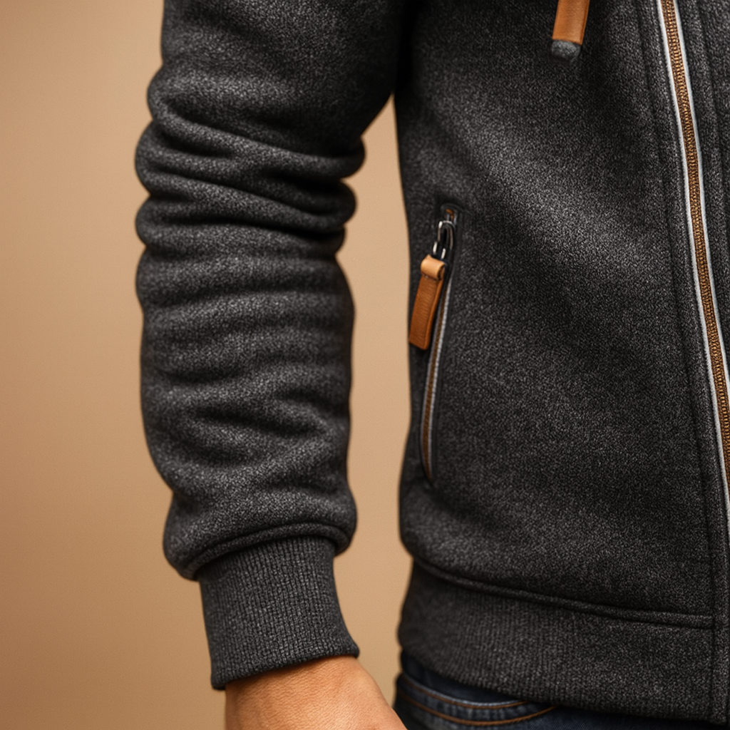 Men’s hooded cardigan with soft warm fabric and modern urban design, perfect for casual or semi-formal wear in autumn and winter.