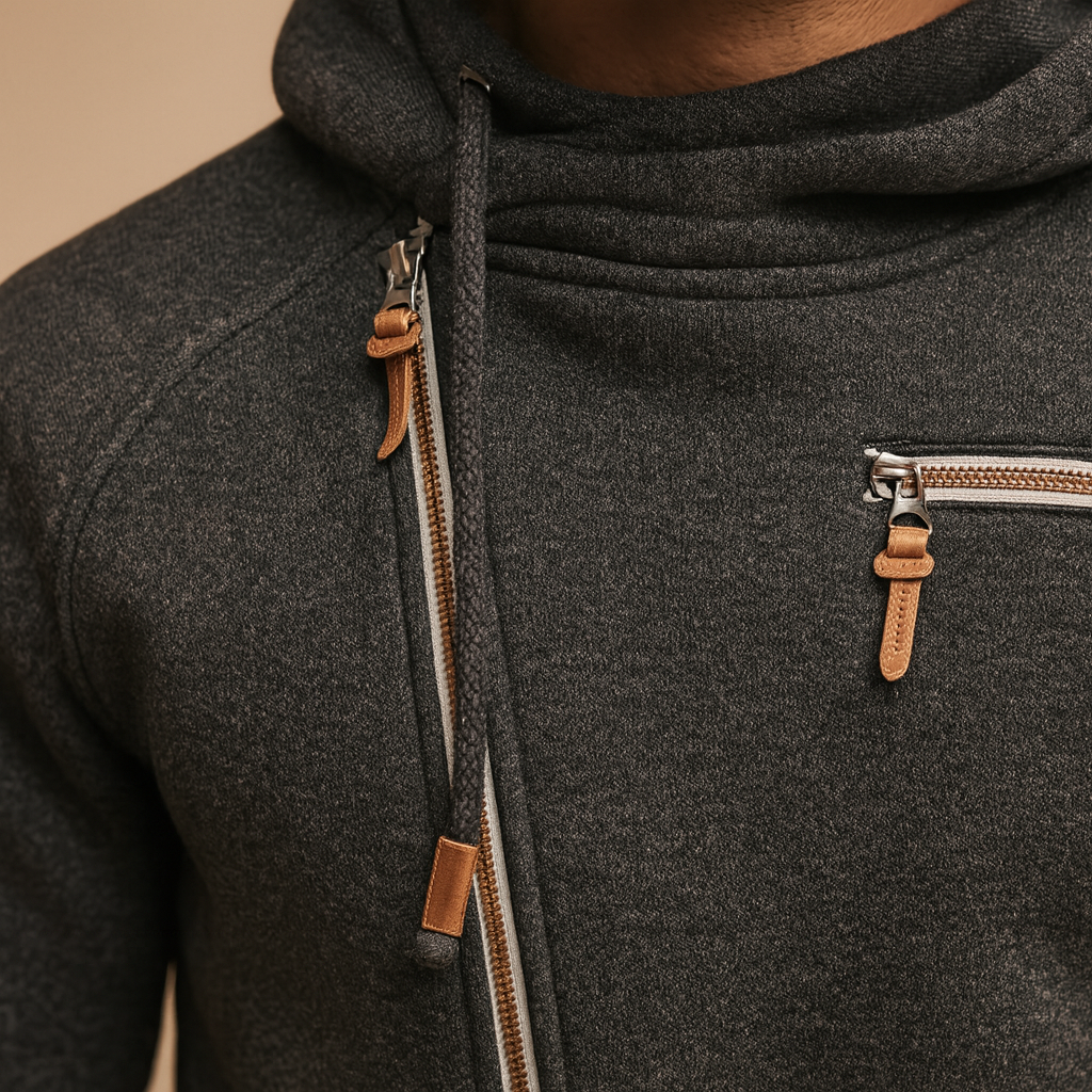 Men’s hooded cardigan with soft warm fabric and modern urban design, perfect for casual or semi-formal wear in autumn and winter.