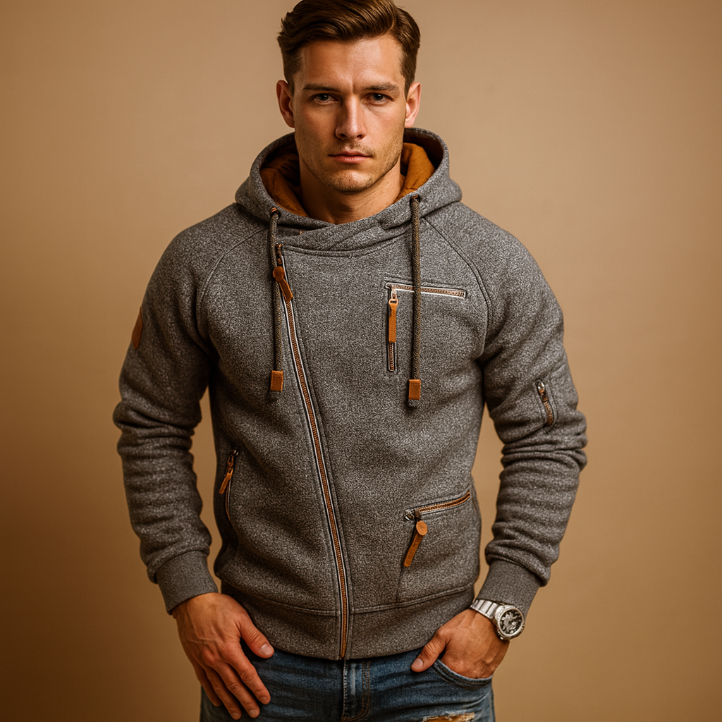 Men’s hooded cardigan with soft warm fabric and modern urban design, perfect for casual or semi-formal wear in autumn and winter.