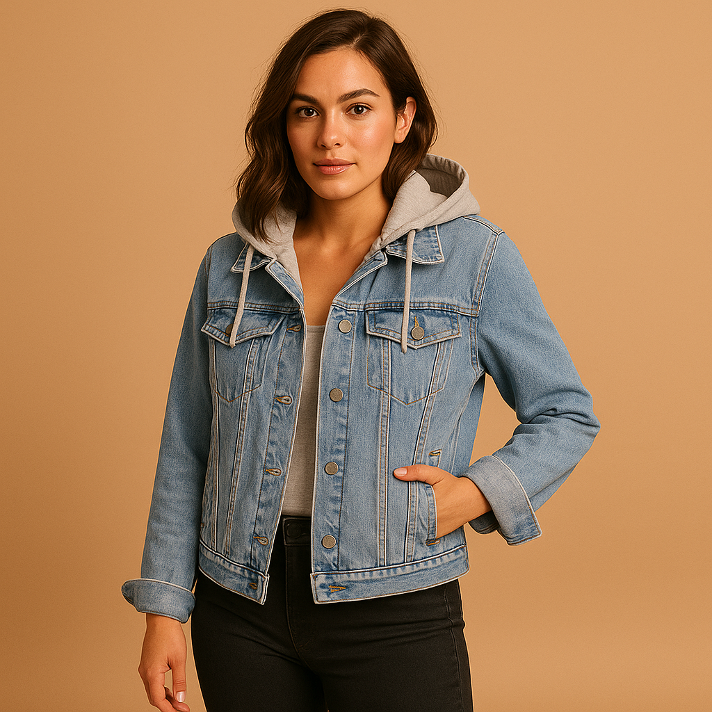 Lightweight women’s denim jacket with hood, breathable cotton design in classic style, ideal for summer layering and casual outfits.