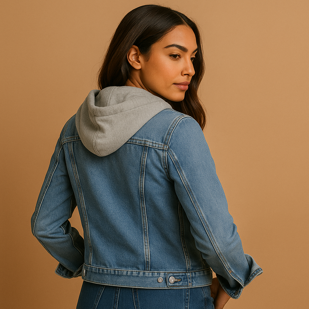 Lightweight women’s denim jacket with hood, breathable cotton design in classic style, ideal for summer layering and casual outfits.