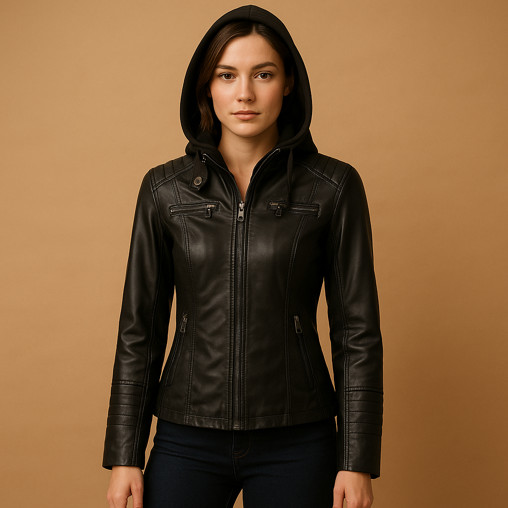 Women’s tailored jacket with detachable knitted hood and dual zipper, ideal for casual or polished daily outfits.