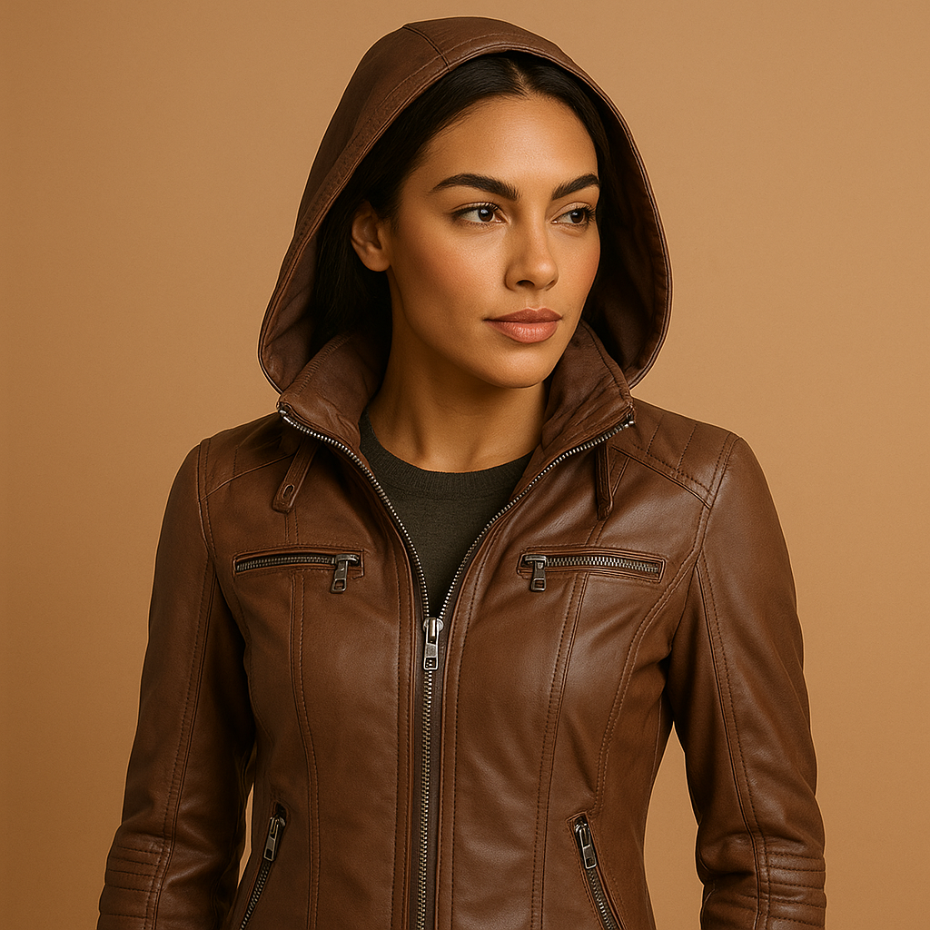 Women’s tailored jacket with detachable knitted hood and dual zipper, ideal for casual or polished daily outfits.