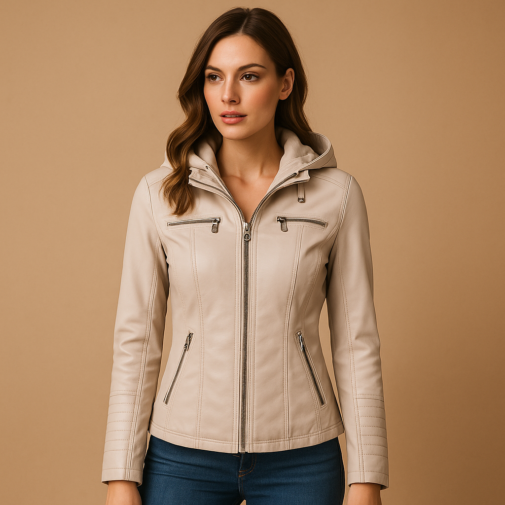 Women’s tailored jacket with detachable knitted hood and dual zipper, ideal for casual or polished daily outfits.