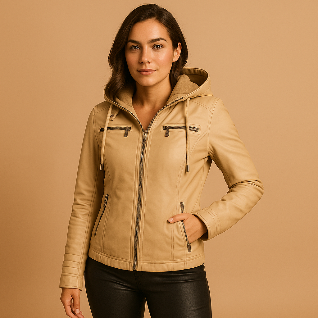 Women’s tailored jacket with detachable knitted hood and dual zipper, ideal for casual or polished daily outfits.