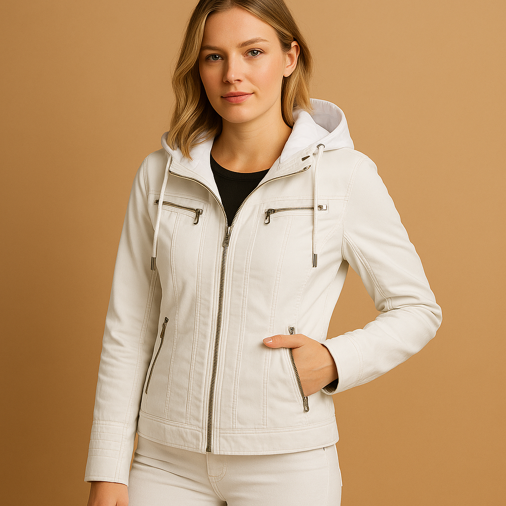 Women’s tailored jacket with detachable knitted hood and dual zipper, ideal for casual or polished daily outfits.