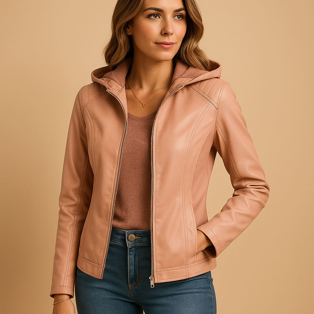 Women’s jacket with removable hood, gold-tone zipper details, and a soft structured finish, ideal for everyday and smart casual outfits.