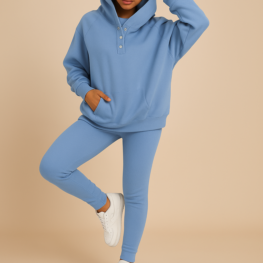 Two-piece hoodie and jogger loungewear set for women with soft fabric and relaxed fit, ideal for lounging or casual daily wear.