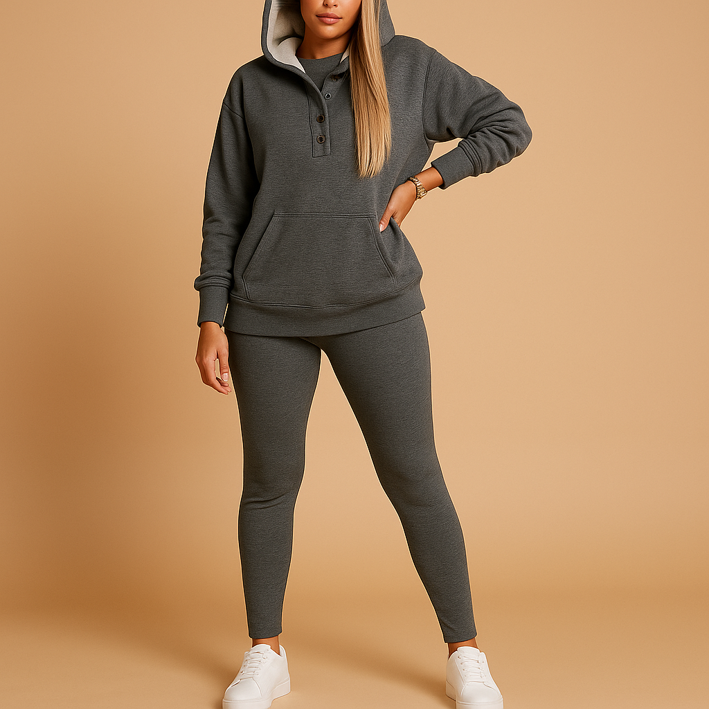 Two-piece hoodie and jogger loungewear set for women with soft fabric and relaxed fit, ideal for lounging or casual daily wear.