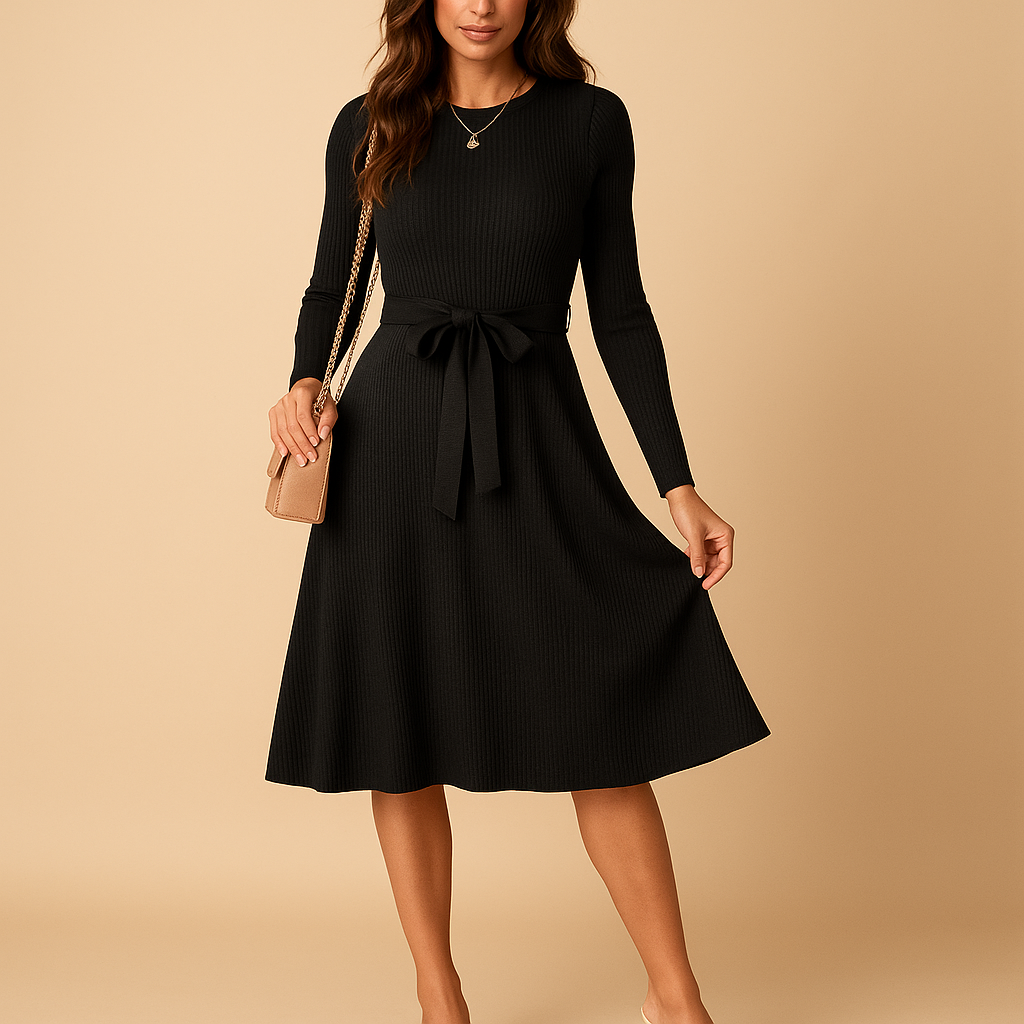 Women’s knitted autumn dress with long sleeves, round neckline, and matching belt, ideal for office days or casual autumn outings.