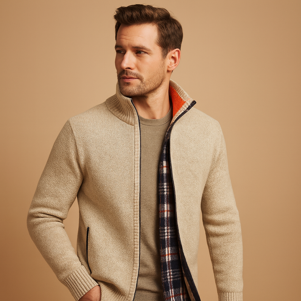 Men’s knitted cable sweater with plaid lining, warm, soft, and perfect for casual or formal wear in autumn and winter.