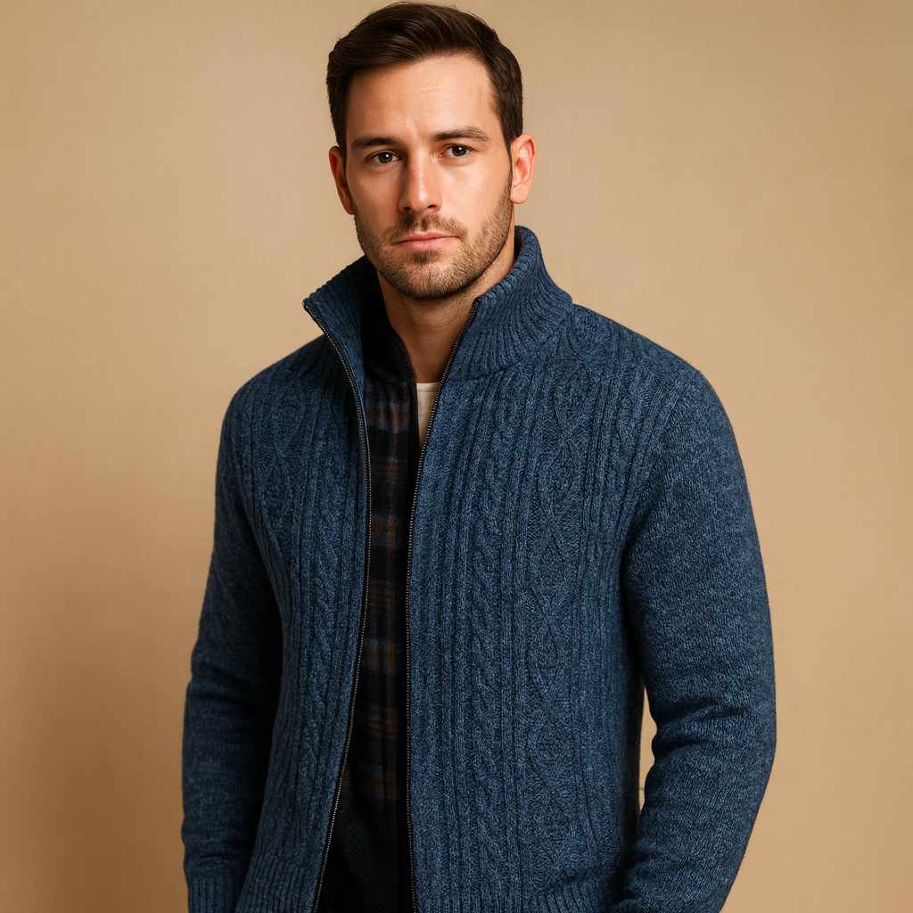 Men’s knitted cable sweater with plaid lining, warm, soft, and perfect for casual or formal wear in autumn and winter.