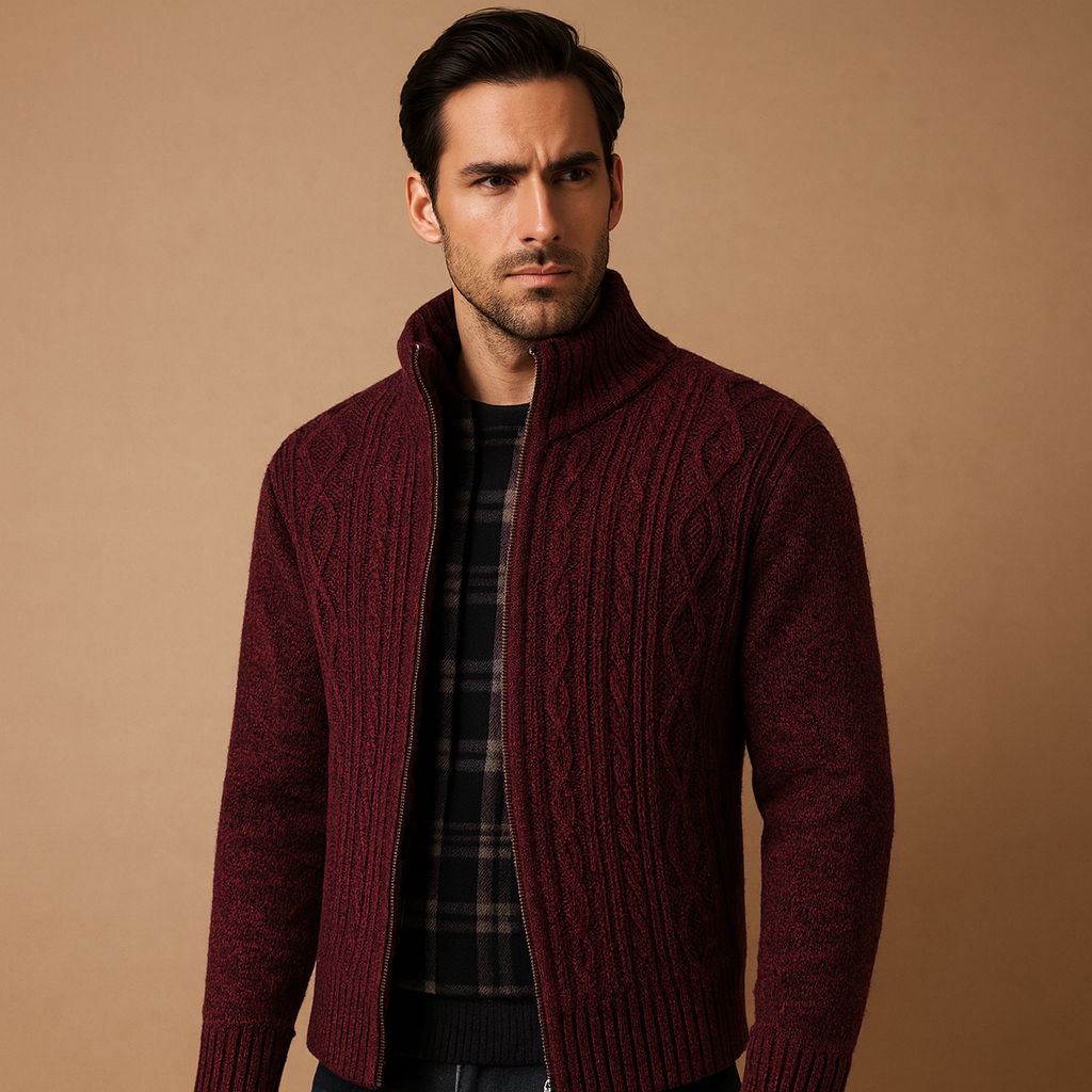Men’s knitted cable sweater with plaid lining, warm, soft, and perfect for casual or formal wear in autumn and winter.