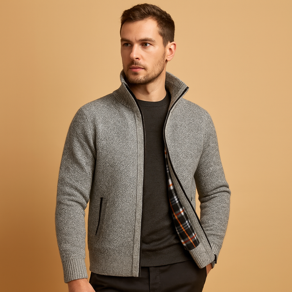 Men’s knitted cable sweater with plaid lining, warm, soft, and perfect for casual or formal wear in autumn and winter.