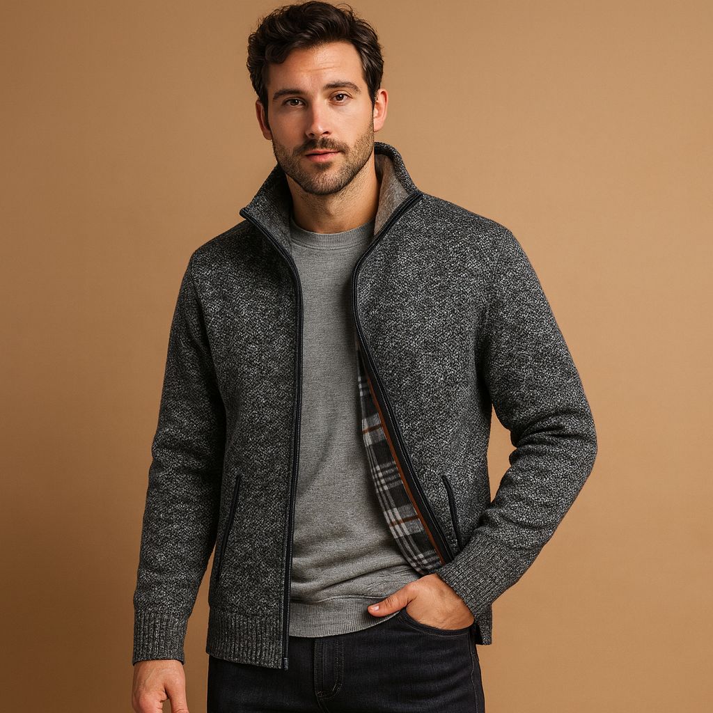 Men’s knitted cable sweater with plaid lining, warm, soft, and perfect for casual or formal wear in autumn and winter.