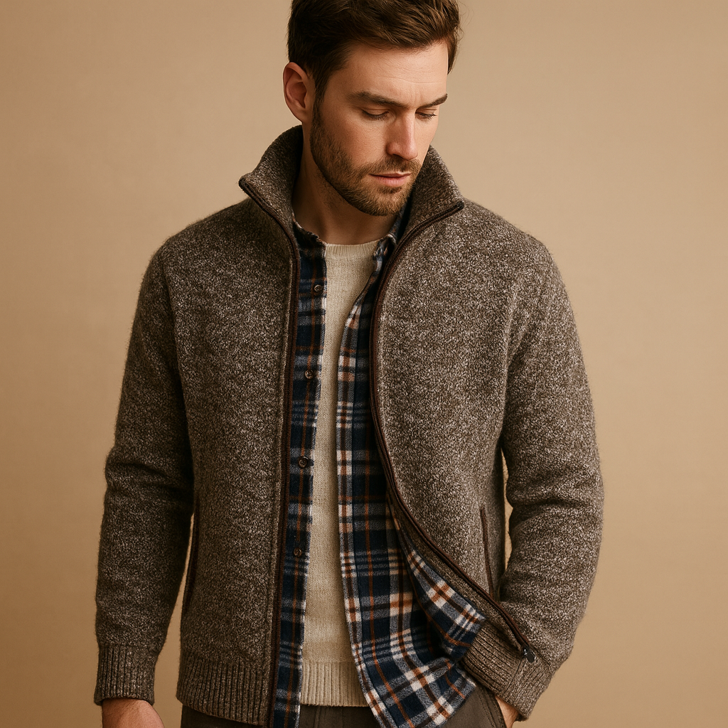 Men’s knitted cable sweater with plaid lining, warm, soft, and perfect for casual or formal wear in autumn and winter.