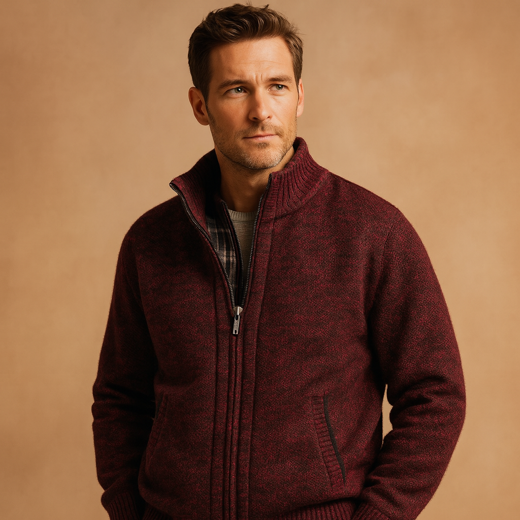 Men’s knitted cable sweater with plaid lining, warm, soft, and perfect for casual or formal wear in autumn and winter.