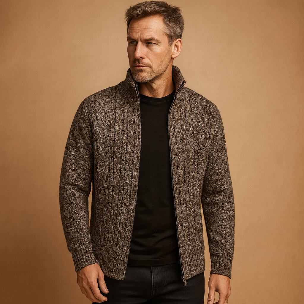 Men’s knitted cable sweater with plaid lining, warm, soft, and perfect for casual or formal wear in autumn and winter.