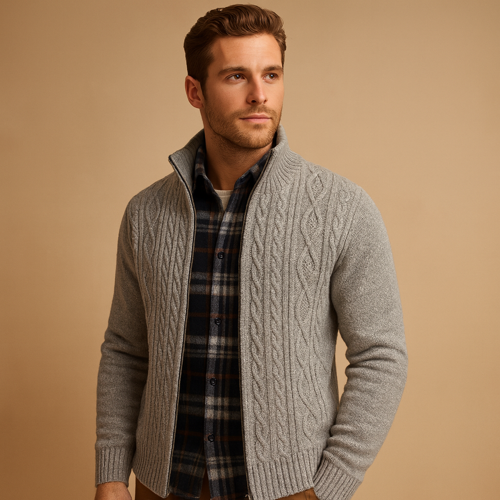 Men’s knitted cable sweater with plaid lining, warm, soft, and perfect for casual or formal wear in autumn and winter.