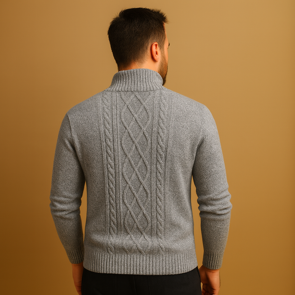 Men’s knitted cable sweater with plaid lining, warm, soft, and perfect for casual or formal wear in autumn and winter.