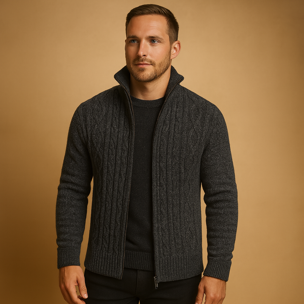 Men’s knitted cable sweater with plaid lining, warm, soft, and perfect for casual or formal wear in autumn and winter.
