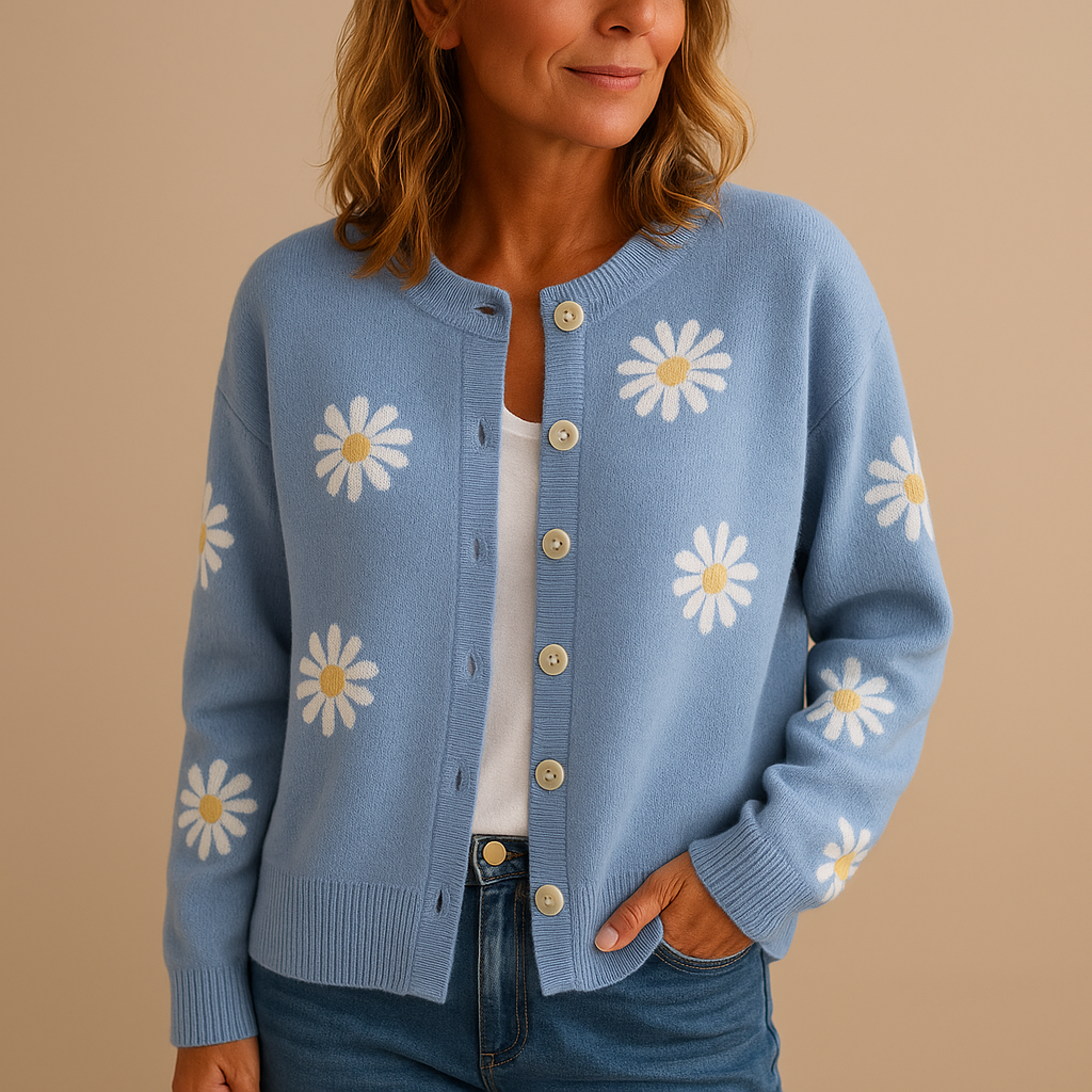 Women’s knitted cardigan with floral pattern, button closure, relaxed fit, in blue, brown, black, grey, and orange, perfect for autumn and winter.