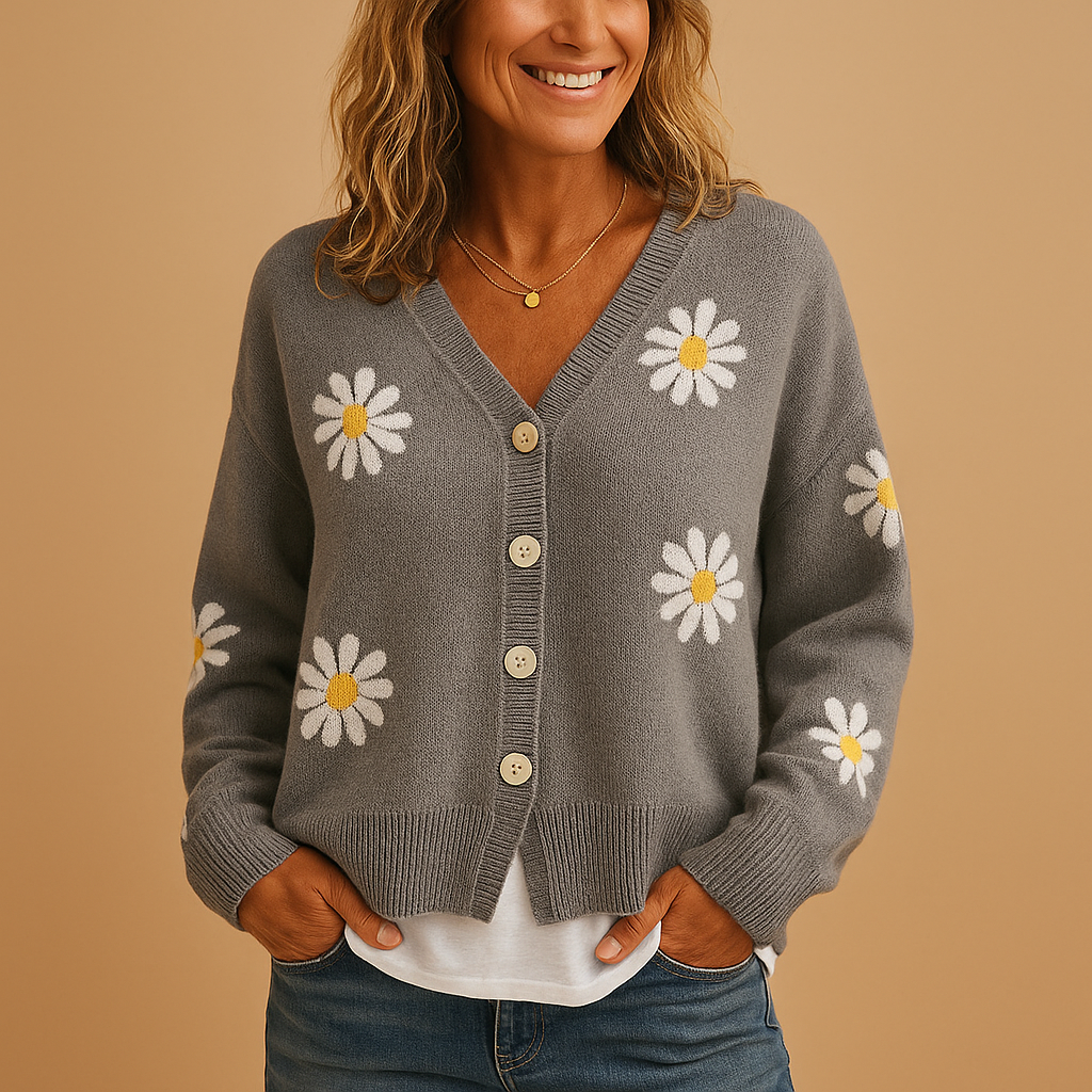 Women’s knitted cardigan with floral pattern, button closure, relaxed fit, in blue, brown, black, grey, and orange, perfect for autumn and winter.
