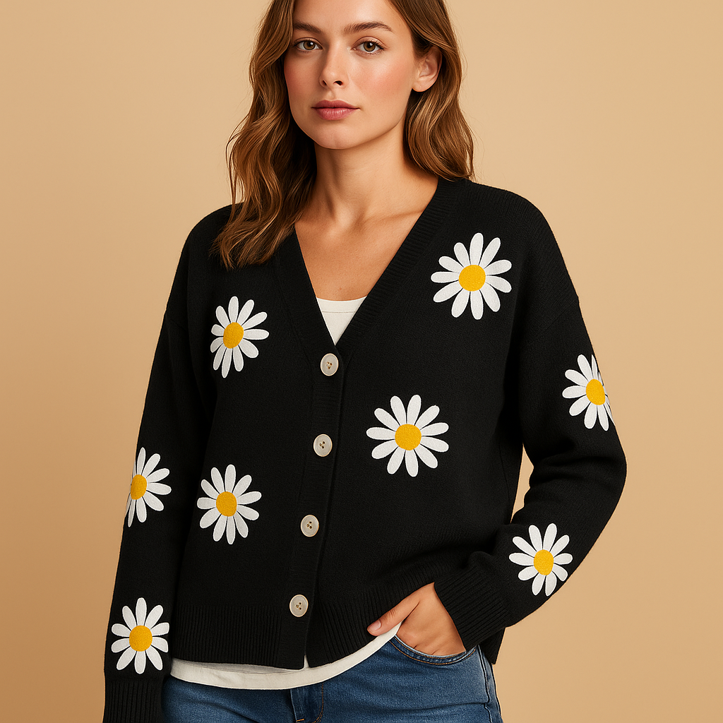 Women’s knitted cardigan with floral pattern, button closure, relaxed fit, in blue, brown, black, grey, and orange, perfect for autumn and winter.