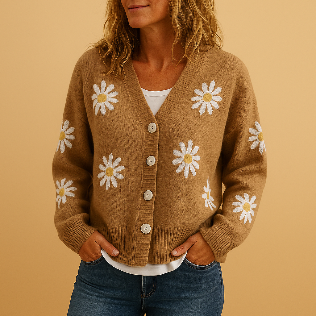 Women’s knitted cardigan with floral pattern, button closure, relaxed fit, in blue, brown, black, grey, and orange, perfect for autumn and winter.
