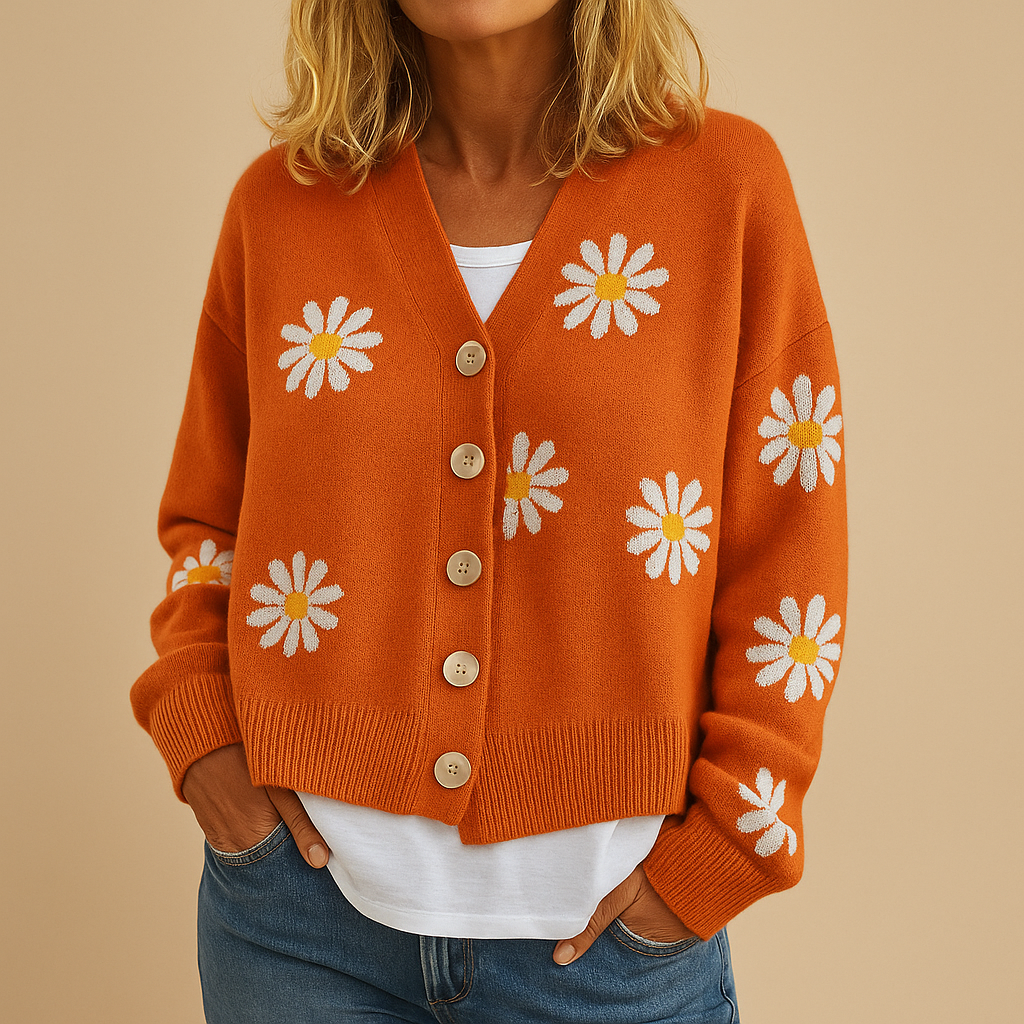 Women’s knitted cardigan with floral pattern, button closure, relaxed fit, in blue, brown, black, grey, and orange, perfect for autumn and winter.