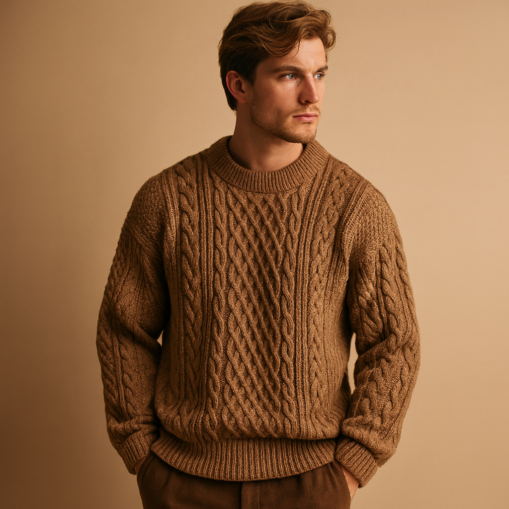 Men’s knitted crew neck sweater in solid color, warm, relaxed, and ideal for casual wear during autumn and winter.