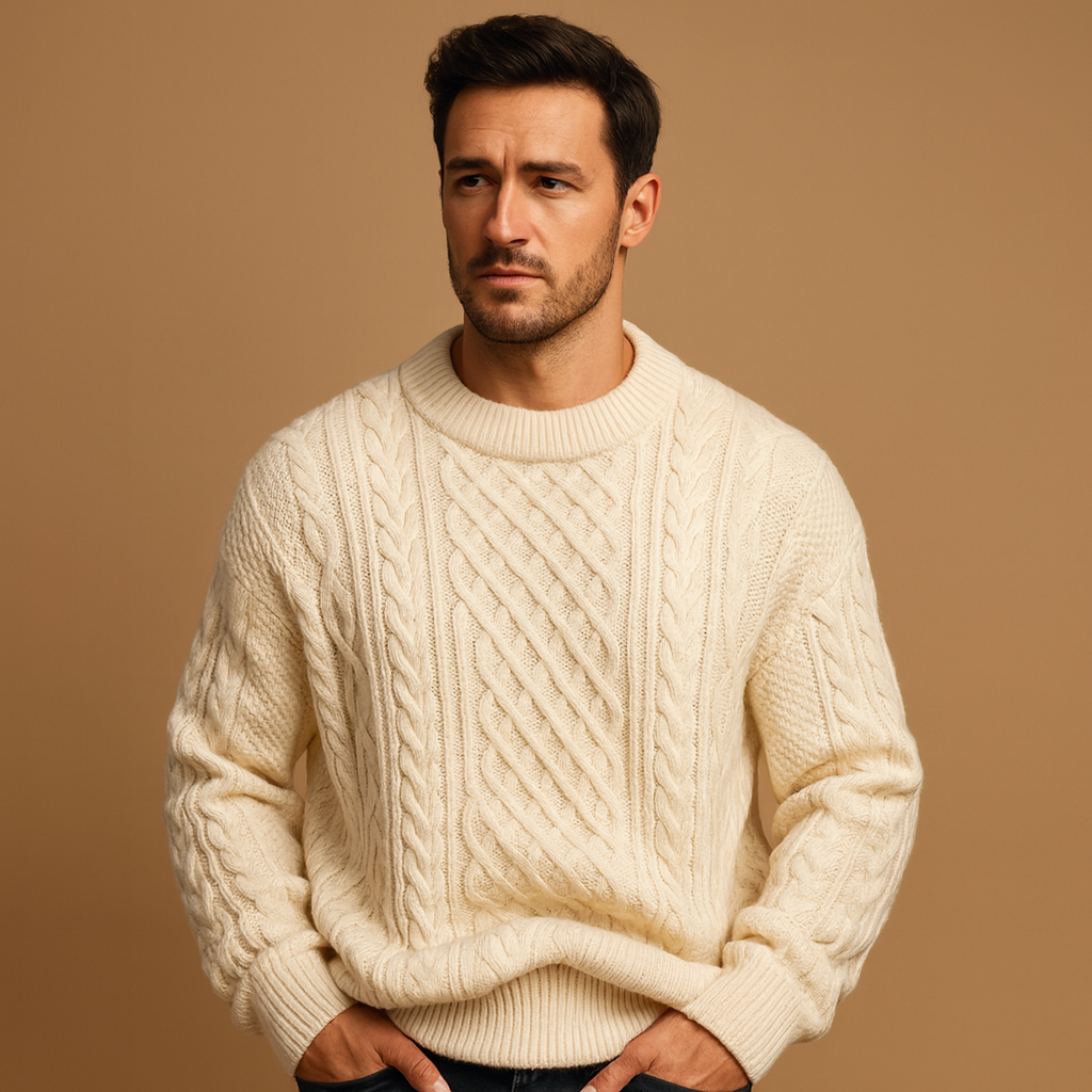 Men’s knitted crew neck sweater in solid color, warm, relaxed, and ideal for casual wear during autumn and winter.