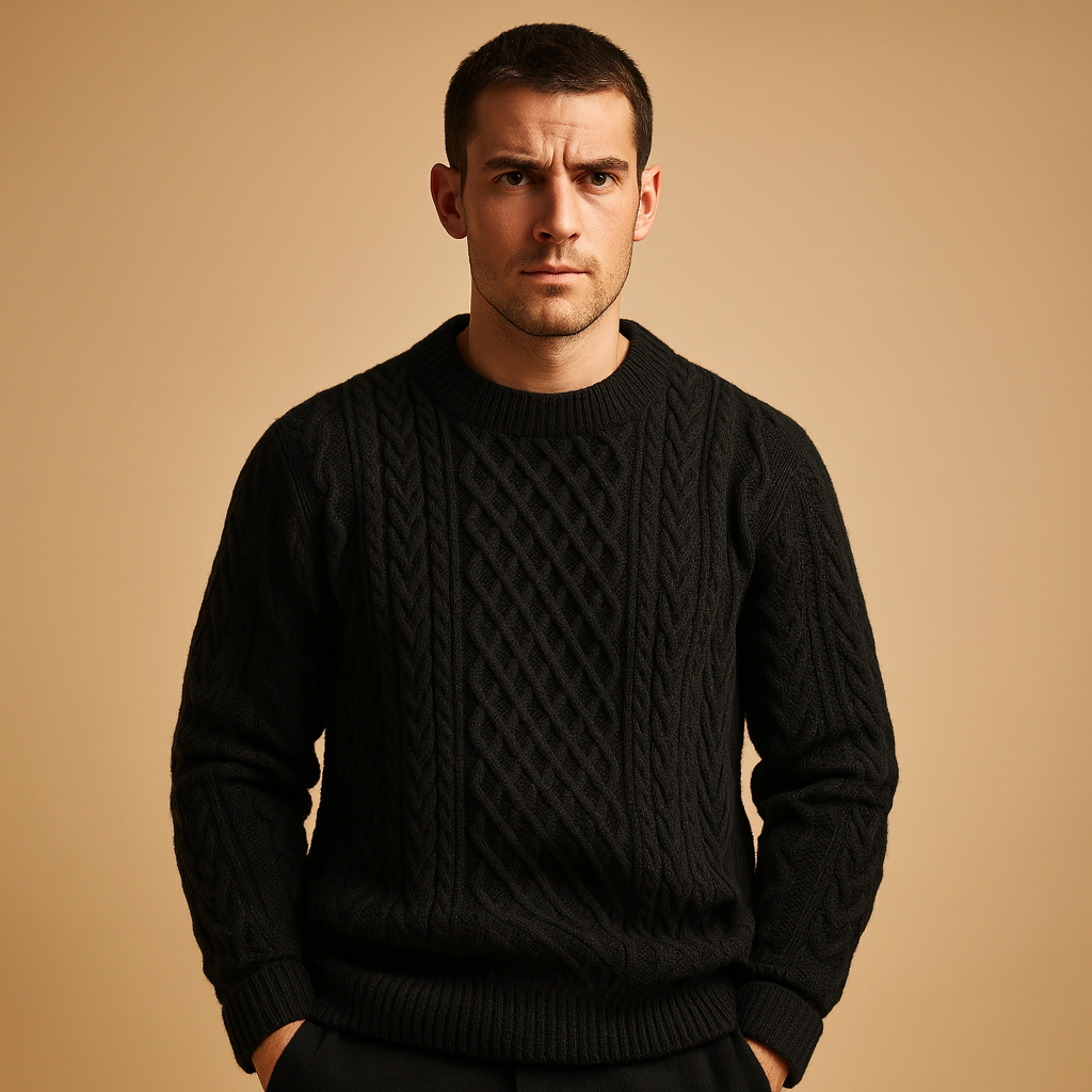 Men’s knitted crew neck sweater in solid color, warm, relaxed, and ideal for casual wear during autumn and winter.