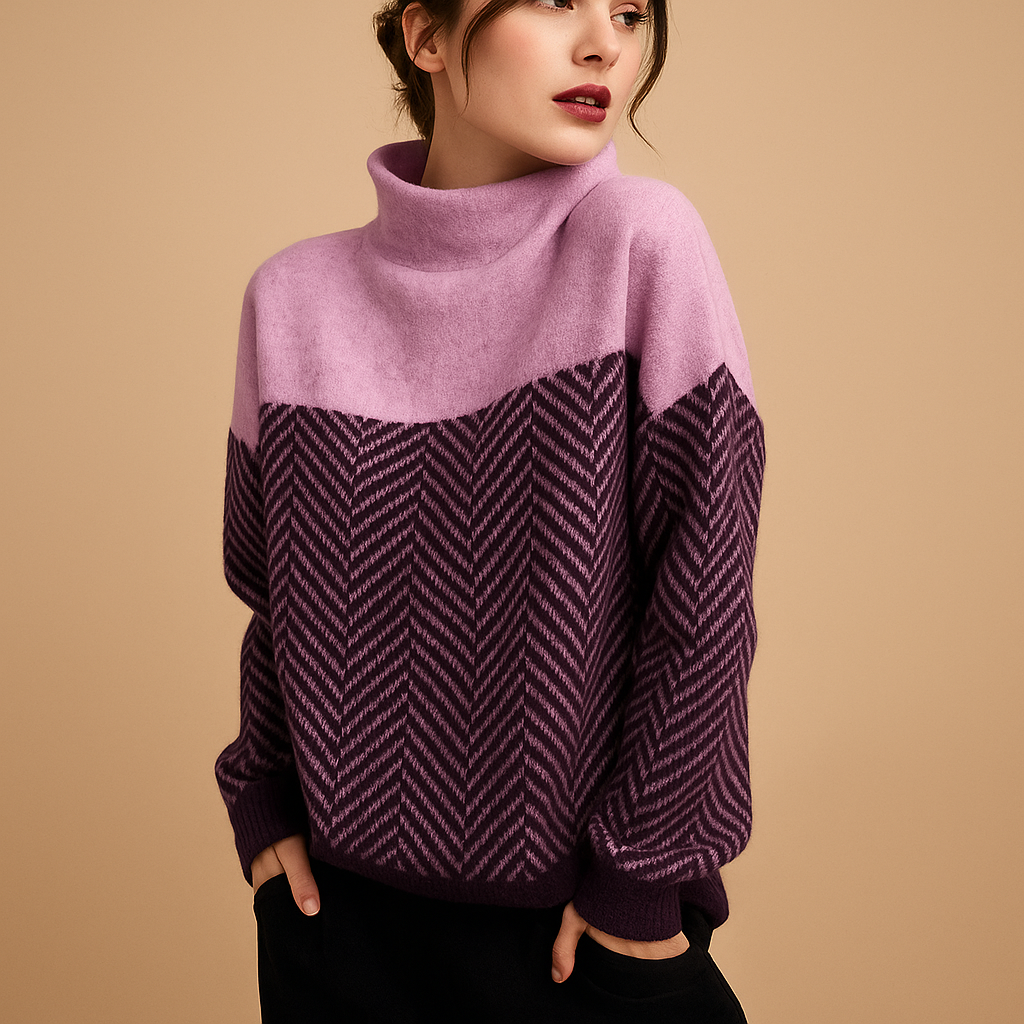 Women’s knitted sweater with unique herringbone pattern, high neckline, and relaxed fit. Perfect for casual wear, office, or cozy home moments.