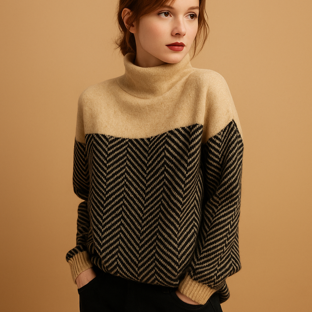 Women’s knitted sweater with unique herringbone pattern, high neckline, and relaxed fit. Perfect for casual wear, office, or cozy home moments.