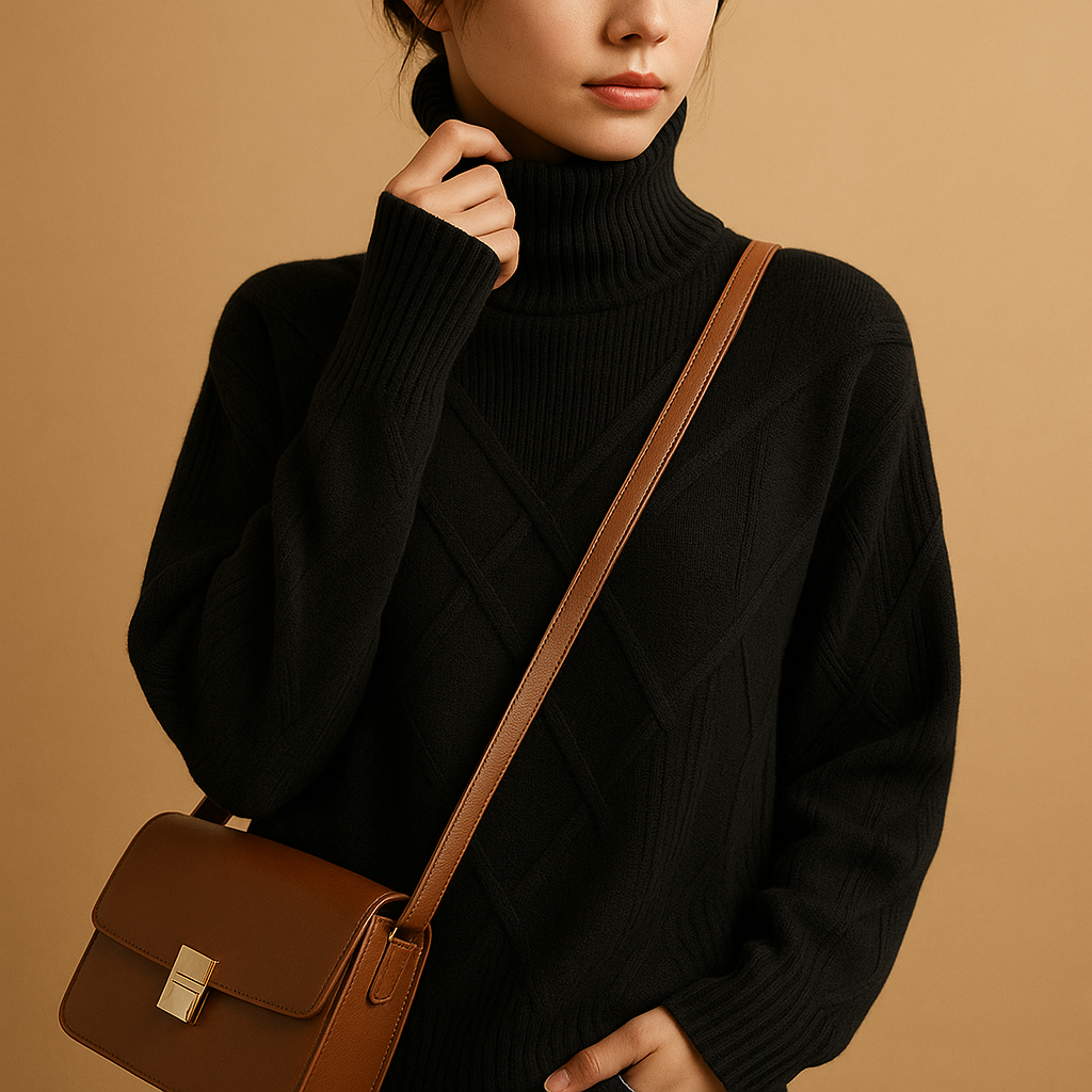 Women’s knitted turtleneck sweater with modern silhouette, standard European fit, and breathable fabric. Perfect for layering in every season.