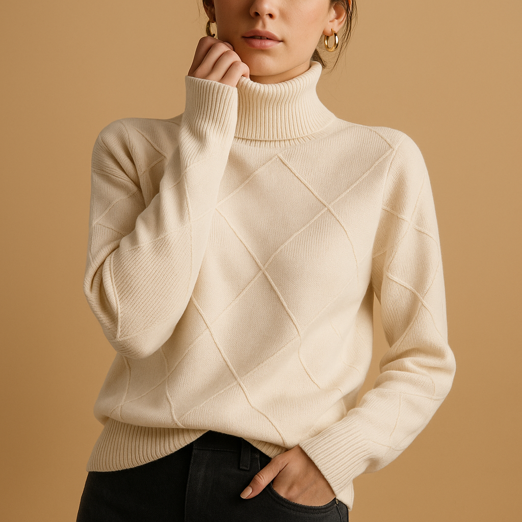 Women’s knitted turtleneck sweater with modern silhouette, standard European fit, and breathable fabric. Perfect for layering in every season.