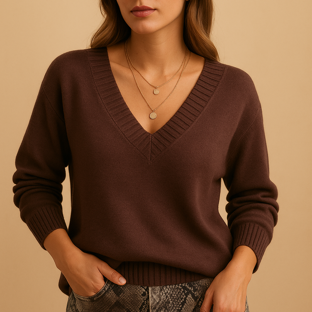 Women’s knitted V-neck sweater with relaxed fit, classic knit texture, and soft stretchy fabric. Ideal for casual wear or office layering.