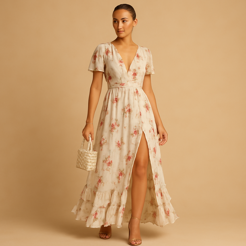 Women’s lace floral midi dress with elegant neckline and refined details, perfect for weddings, cocktail parties, and formal occasions.