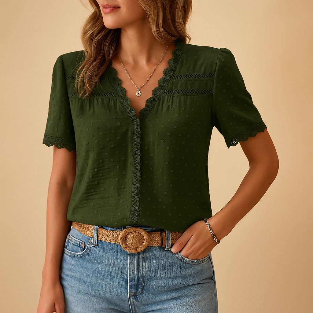 Elegant lace V-neck blouse for women in multiple colors, perfect for work, evenings, or special occasions.
