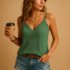 Romantic lace V-neck sleeveless top for women with thin straps, ideal for warm days, formal looks, or layering under a blazer.