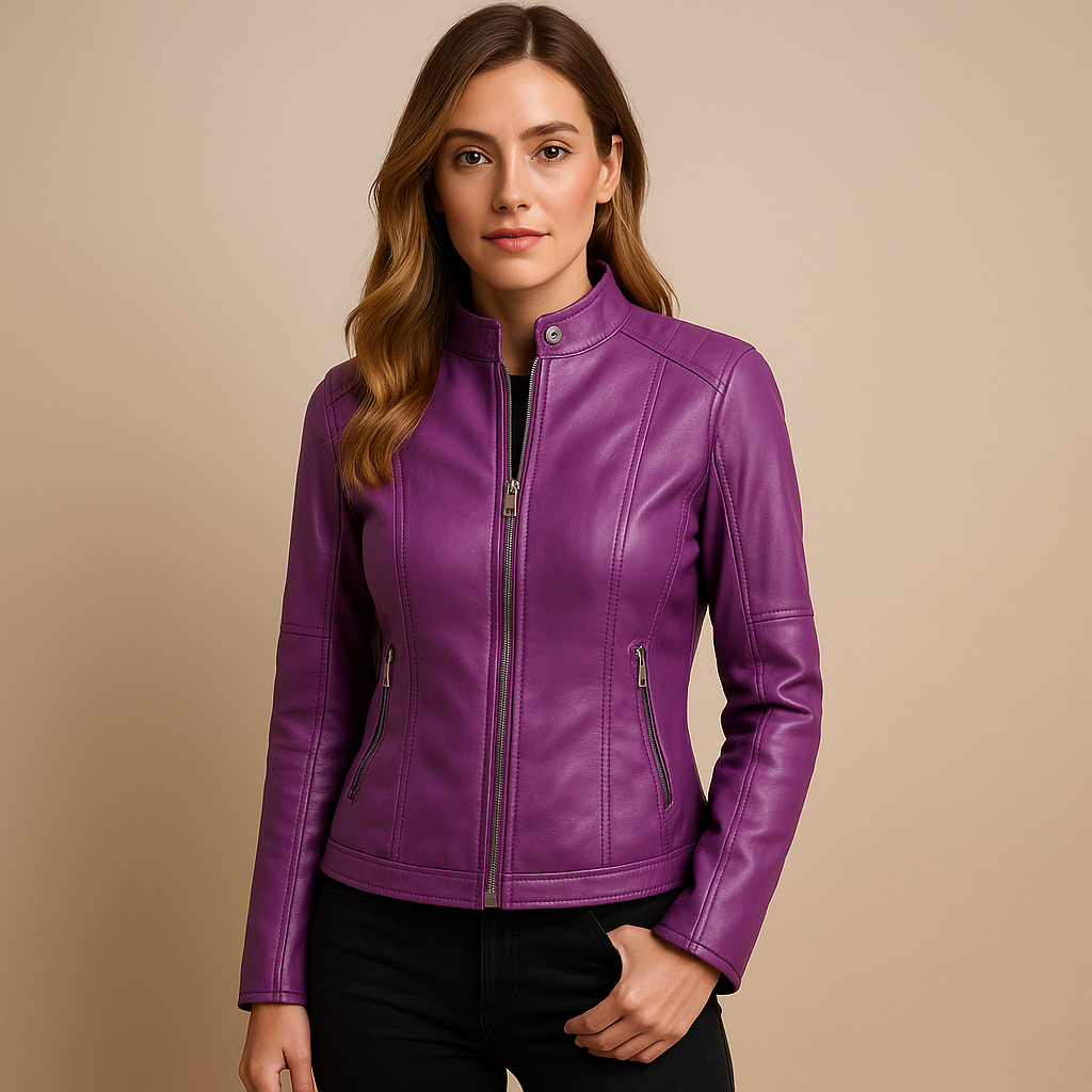 Women’s leather jacket with symmetric zipper and snap collar, perfect for casual or elegant outfits in autumn and spring.
