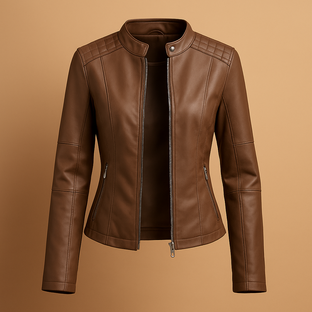 Women’s leather jacket with symmetric zipper and snap collar, perfect for casual or elegant outfits in autumn and spring.