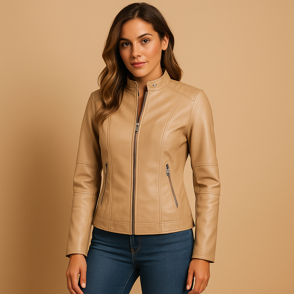 Women’s leather jacket with symmetric zipper and snap collar, perfect for casual or elegant outfits in autumn and spring.