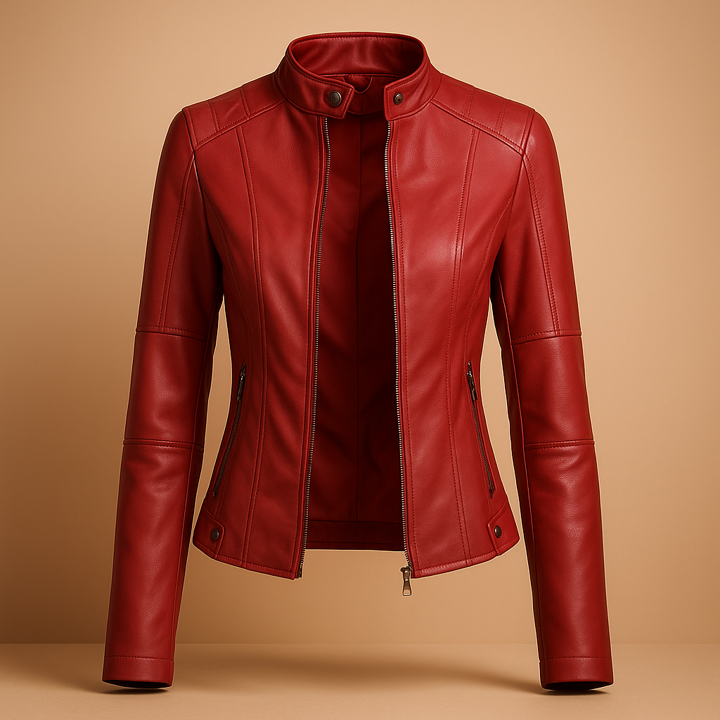 Women’s leather jacket with symmetric zipper and snap collar, perfect for casual or elegant outfits in autumn and spring.