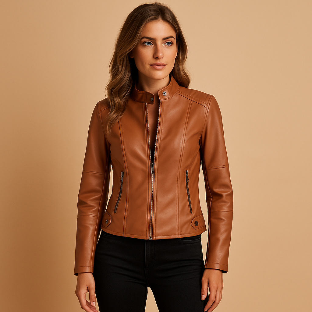 Women’s leather jacket with symmetric zipper and snap collar, perfect for casual or elegant outfits in autumn and spring.