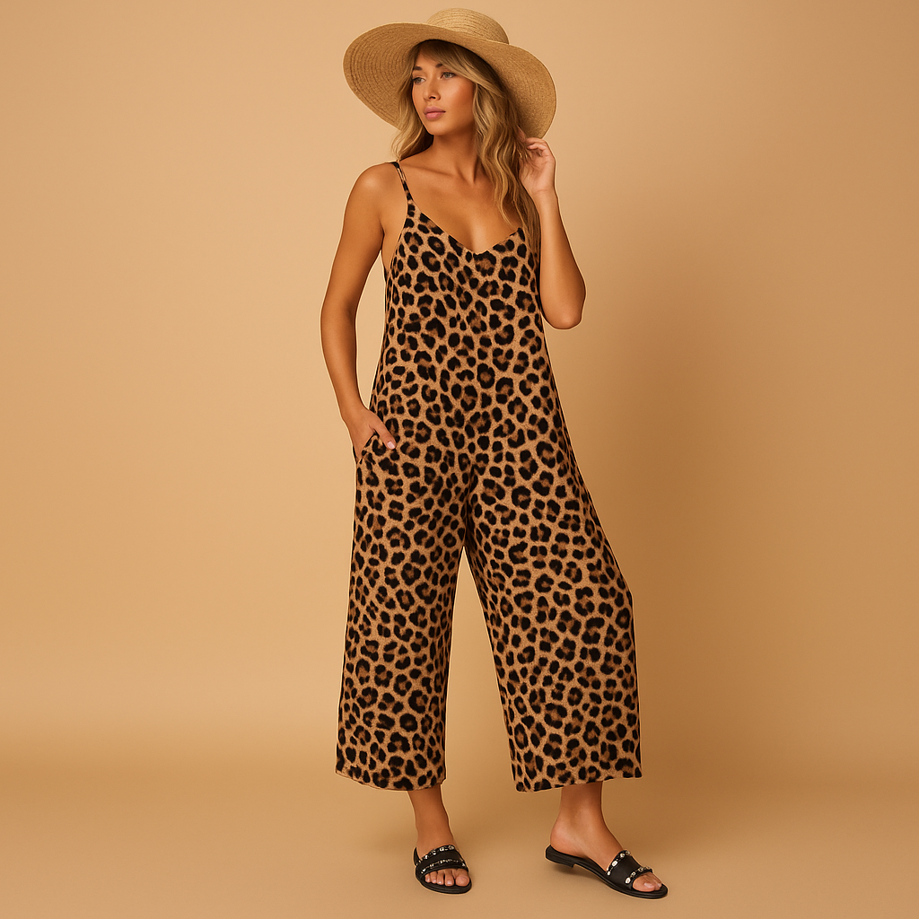 Stylish women’s leopard print halter jumpsuit with a flattering neckline and lightweight fit, perfect for summer days, vacations, and casual outings.